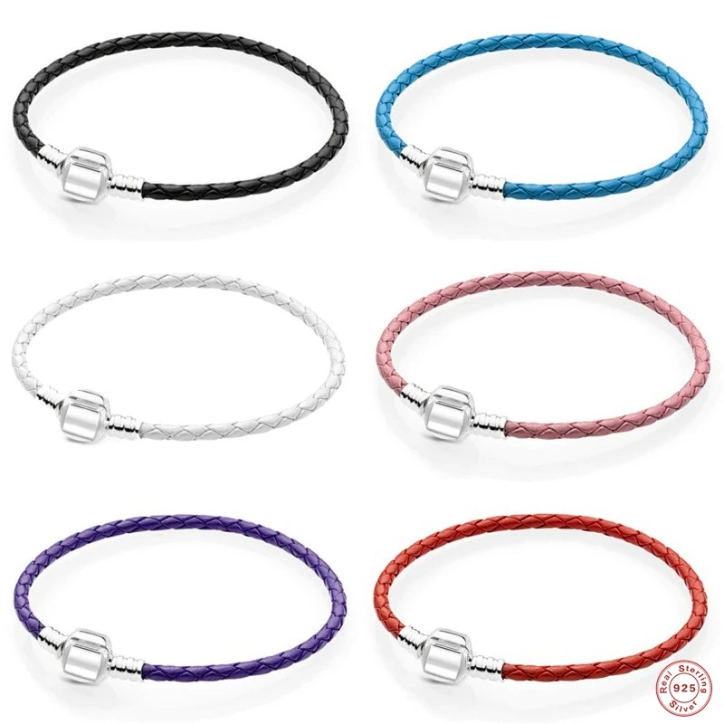 

MC 925 Sterling Silver Leather Charm Bracelet For Women Men Fit Original DIY Fine Bracelets & Bangle Fashion Jewelry Accessories