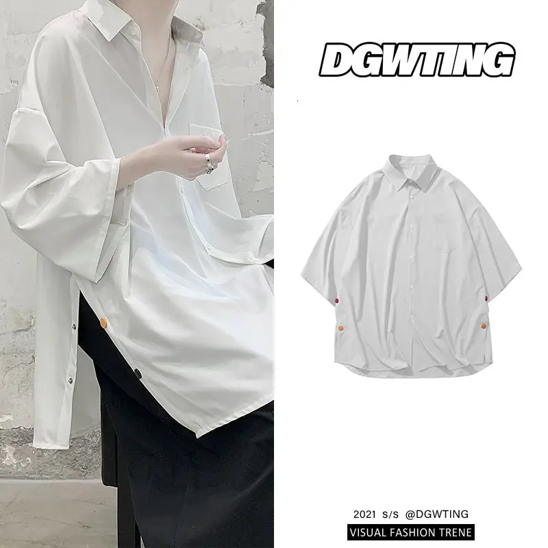 

Summer Split Solid Color Shirt Men Korean Fashion Loose Casual Shirt Men Harajuku Streetwear Social Short-sleeved Shirt Men