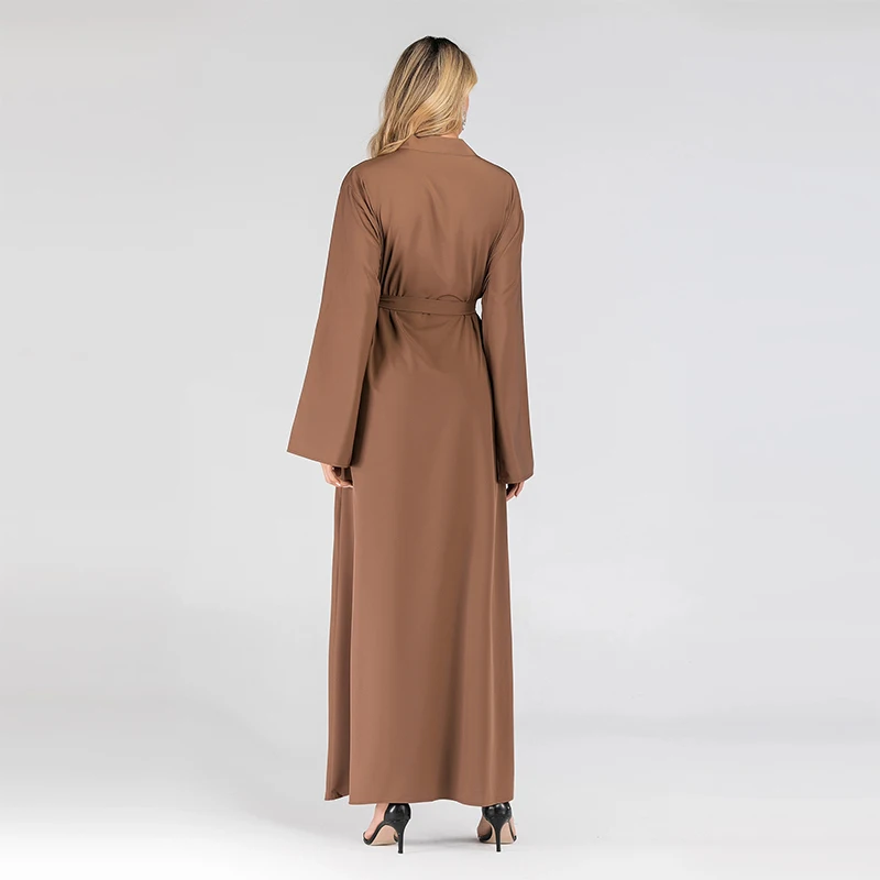 

New Design Middle East Women Kaftan With Pocket Brown Pearls Front Open Muslim Arabic Abayas Kimono Islamic Clothing