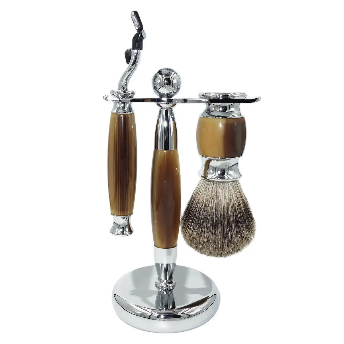 

Magyfosia Wet Shaving and Hair Removal Mach 3 Safety Razor New Faux Horn Resin Handles with Silvertip Pure Badger Brush