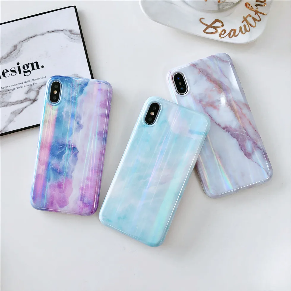 Глянцевый роскошный лазерный мраморный чехол Aurora для телефона iPhone 11 Pro XR XS Max X 10 8 7