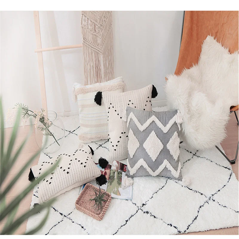 

Geometric Embroidered Tassel Cushion Cover White 45x45 Pillowcase 30x50 Cotton Home Decor Pillow Case Sofa Throw Pillows