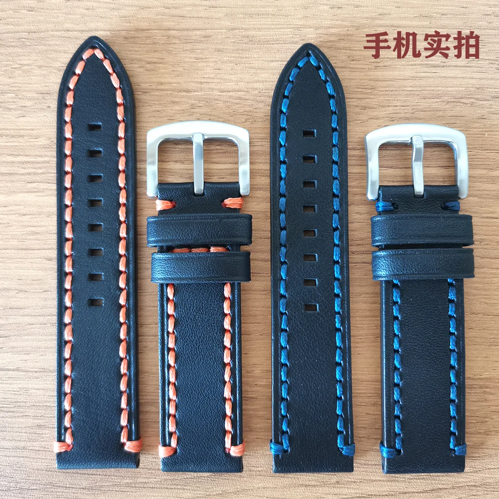 

Calfskin Men Women Genuine Leather Watch Band 20mm 22mm 24mm Black Leather Watch straps Handmade Thick line Quality bracelet