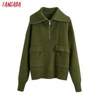 tangada women 2021 fashion amy green zipper knitted sweater jumper turn down collar female oversize pullovers be564
