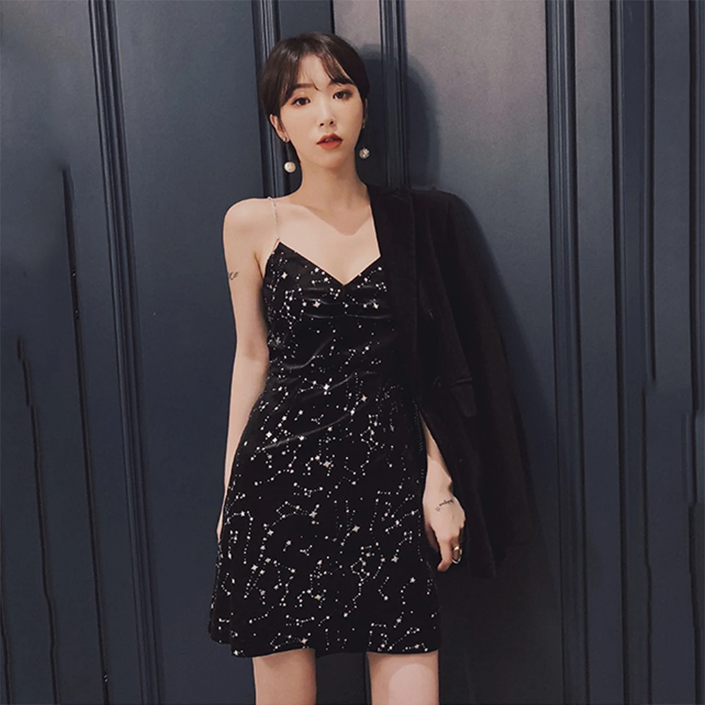 Женское бархатное платье-мини с принтом звезд без рукавов | Женская одежда