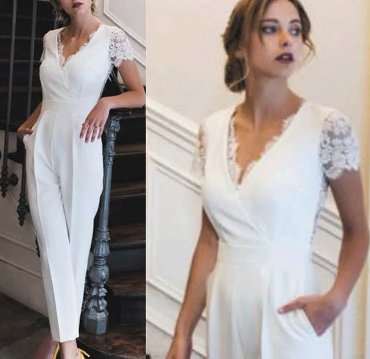 

Abendkleider Lace Applique Jumpsuits for Women 2020 V Neck Elegant Ivory Pants for Weddings Robe De Mariee vestidos de novia
