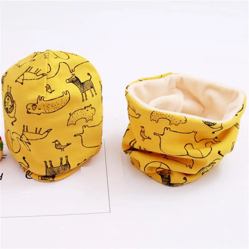 lion A plush Осенне-зимний Хлопковый вязаный детский комплект из 2 предметов, шапка с воротником для мальчиков и девочек, Одноцветный шарф, шапка, комплект из 2 предметов - Цвет: lion A plush