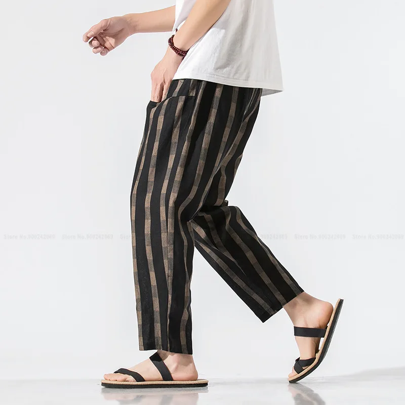

Chinese Style Retro Fashion Striped Wide Leg Harem Pants Japanese Harajuku Streetwear Kimono Bottoms Tai Chi Kung Fu Trousers