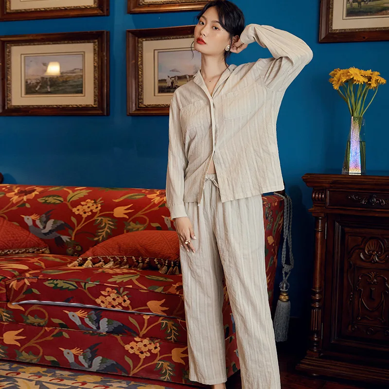 

2020 Winter Woven Cotton Pajama Set Long-sleeved Loose Sleepwear Women Solid Lounge Wear 2 Piece Comfort Home Fashion Clothing