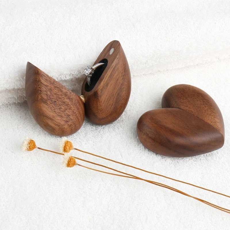 

Heart Shaped Walnut Wood Ring Box Velvet Soft Interior Holder Organizer Jewelry Wooden Box Case for Proposal Engagement