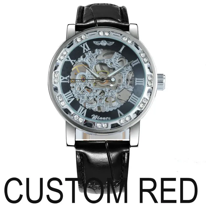 RED Модные часы со скелетом, бриллиантовые часы для женщин, дизайн Iced Out, ремешок из натуральной кожи, элегантные роскошные механические Женские часы - Цвет: RED