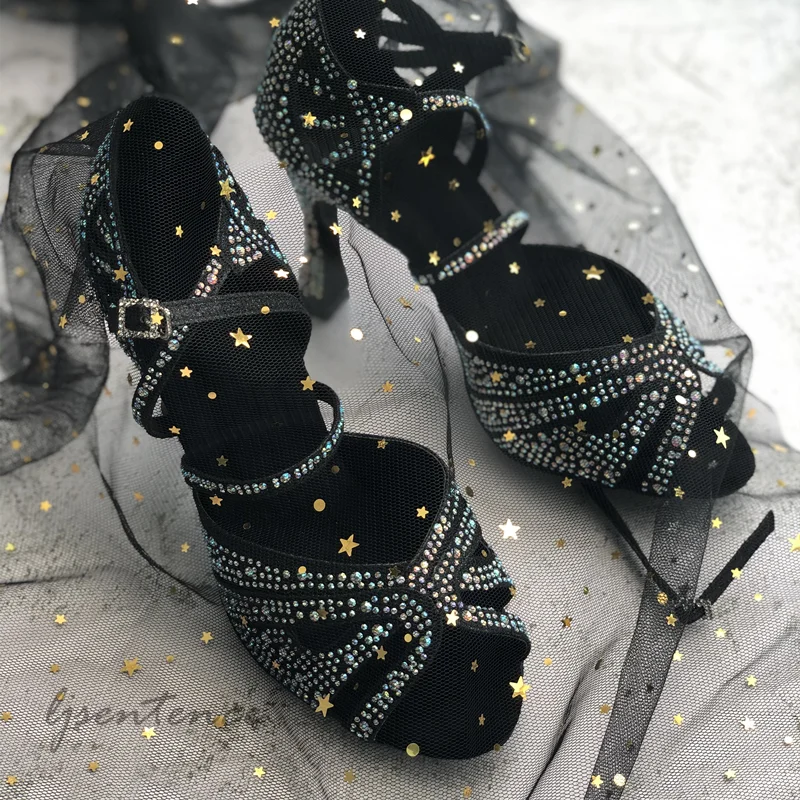 Туфли для латинских танцев женские тканевые туфли со стразами обувь сальсы