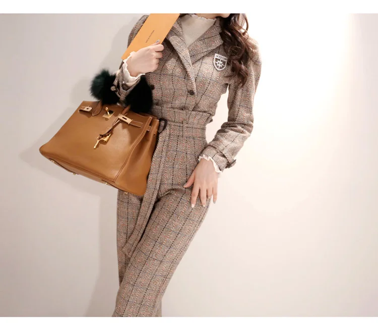 Женский комплект из двух предметов осень 2019 клетчатый тонкий двубортный
