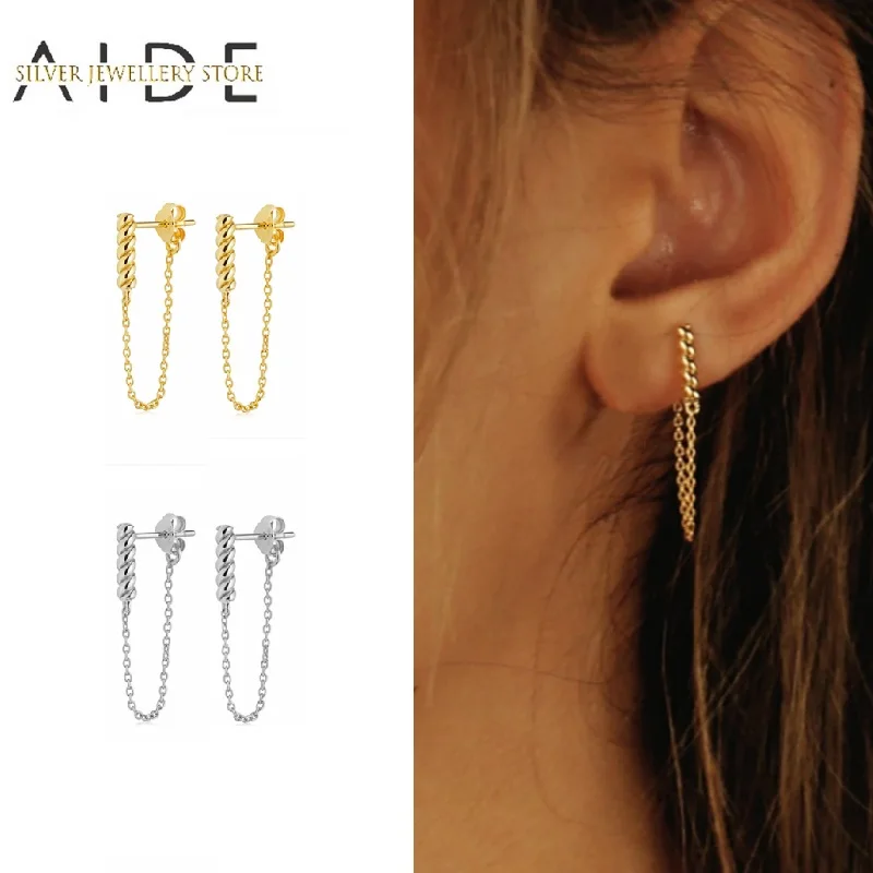 

AIDE Trendy Twist Chain Stud Earrings For Women Fashion INS Ear Hanging Back Piercing Earings Silver 925 Jewelry Gift kolczyki
