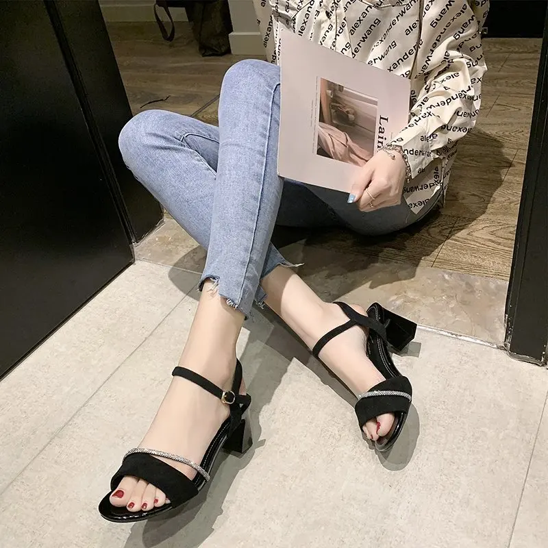 

Beige Heeled Sandals Female Shoe Buckle Strap Med 2021 Women's All-Match Black Girls Fashion Clear Medium High New Comfort Squar