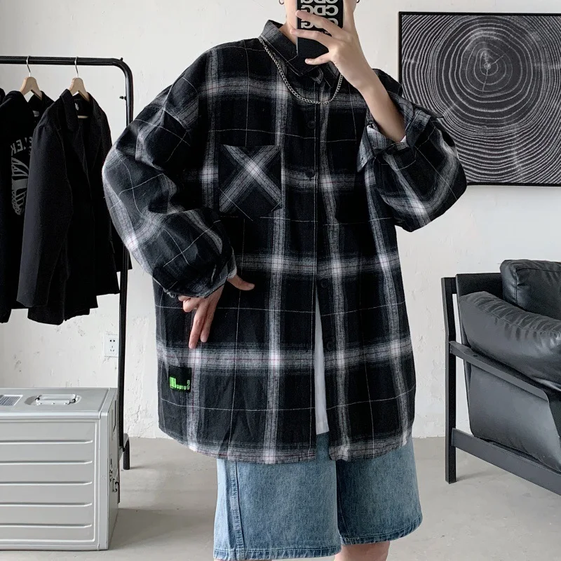 

Long sleeve shirt men spring 2021 new plaid salt base shirt popular logo INS loose shirt jacket