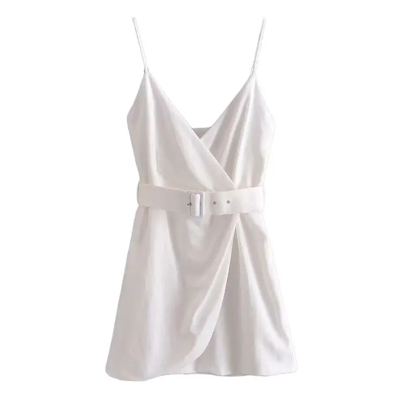 

Женское винтажное платье-мини с поясом, однотонное платье на тонких бретельках, с пряжкой, лето 2021