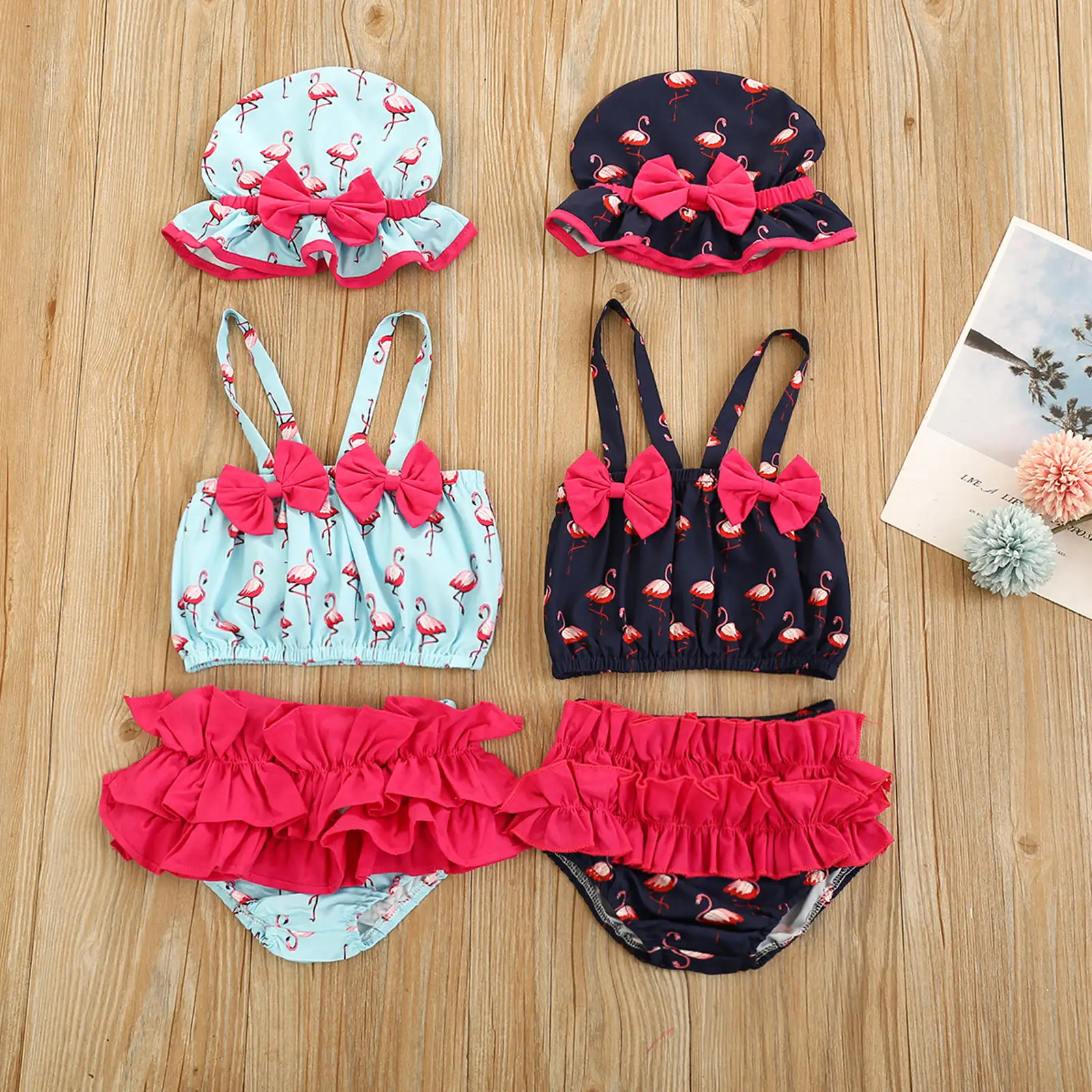 

Summer Newborn Baby Girl Swimwear Flamingo Print Bathing Suit Kids Girl Bow Camis+Ruffles Shorts+Hat Baby Beachwear 0-24M