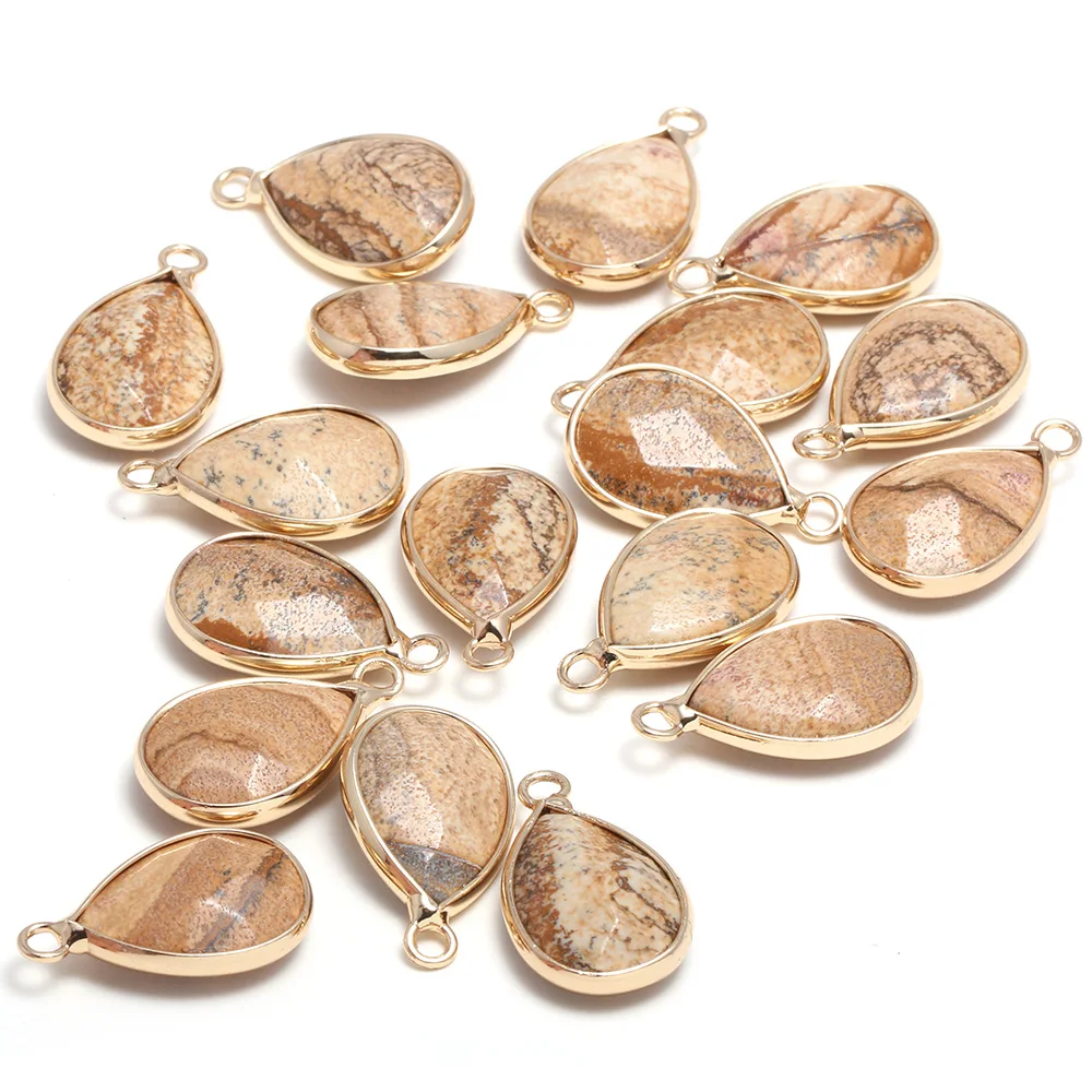 

New 5pcs Natural Stone Water Drop Shape Section Picture Stone Pendants for Jewelry Making DIY Necklace Size 13x23mm
