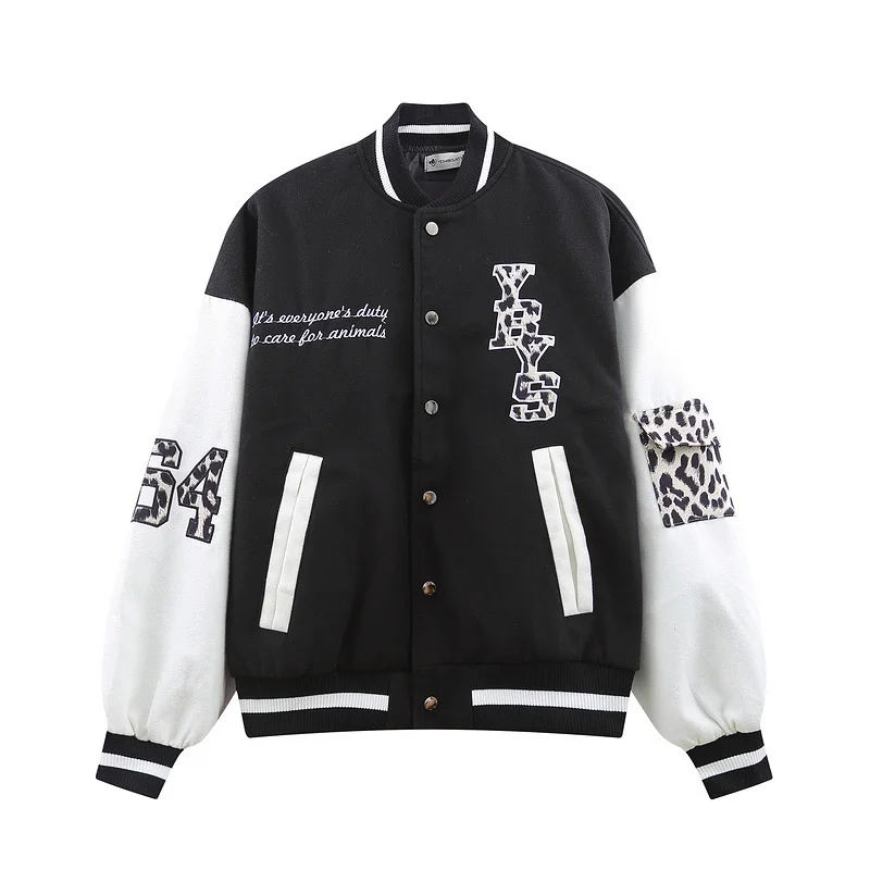 

Hip Hop Letter Embroidered Baseball Jacket Men's Autumn Winter Black Single Breasted Loose Casual Streetwear Bomber Coat Vintage