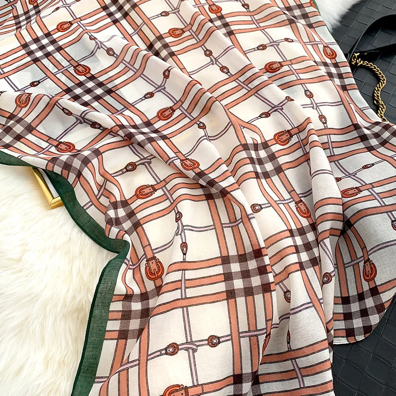 

2021 New Plaid Chain Print Women Cotton Scarf Spring Autumn Female Foulard Pashmina Large Beach Towel Shawls Stoles Headband