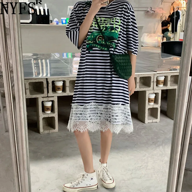 

Женское платье в полоску NYFS, Длинное свободное хлопковое платье в Корейском стиле с короткими рукавами и кружевным подолом, лето 2021