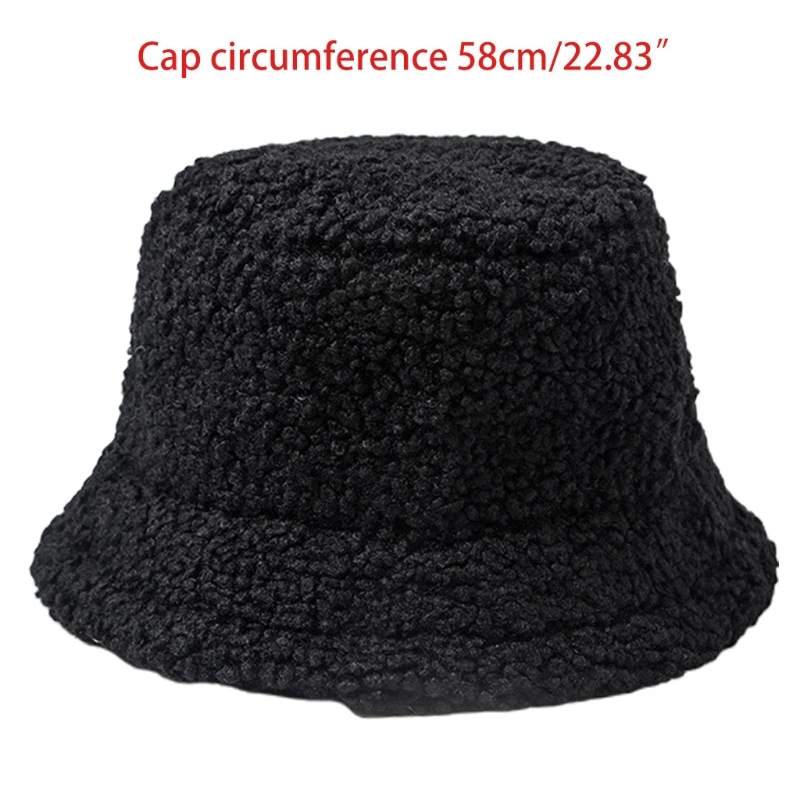 

Women Student Thicken Fuzzy Plush Bucket Hat Solid Color Winter Warmer Round Flat Top Wide Brim Sunscreen Fisherman Cap
