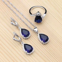 925 sterling silver jewelry sets for women blue cubic zirconia necklace earrings pendant ring set water drop jewelry