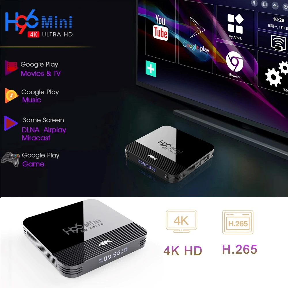 Мини ТВ приставка H96 MIni h8 на Android RK3228A 4K 2 ГБ 16 HDR Wi Fi 4G/5G Google Voice Netflix Youtube paly h96