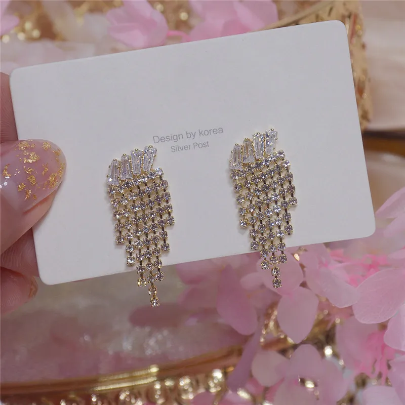

Ins Hot Sale 14K Real Gold Exquisite Chain Sparkling Temperament Tassel Stud Earrings for Women Cubic Zircon ZC Earrings