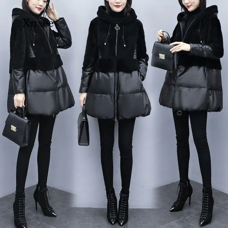 

Женская зимняя куртка из искусственной кожи, новинка 2021, Женское зимнее пальто из искусственной овечьей кожи, стеганое хлопковое кожаное па...