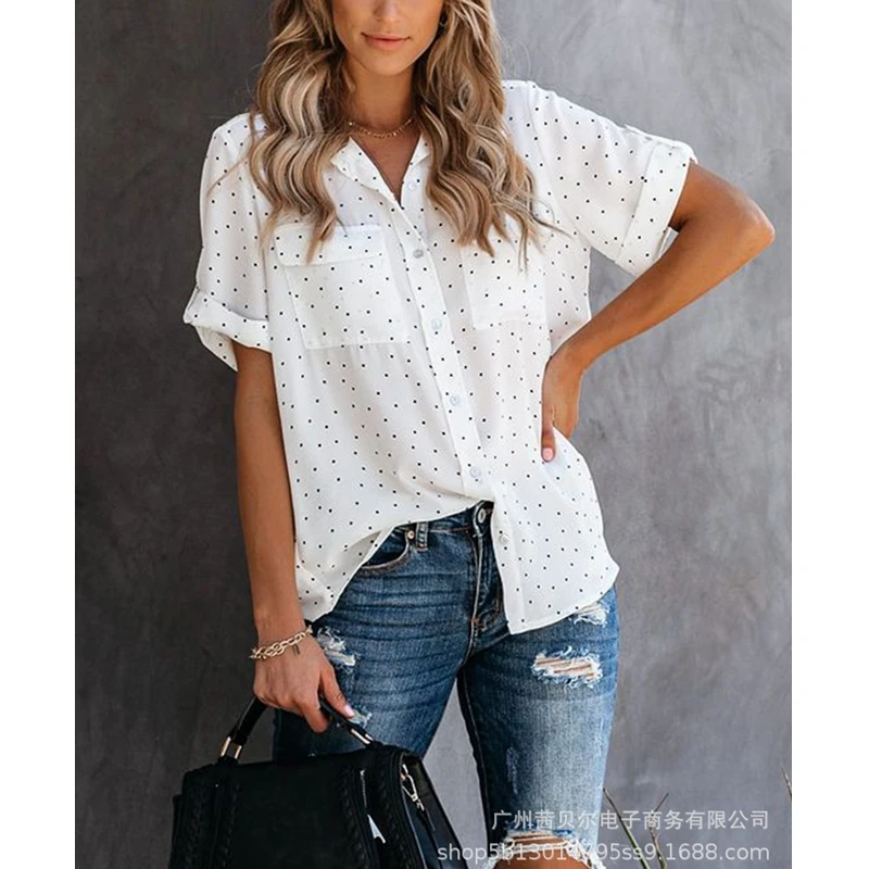 

WEPBEL Short Sleeve Single Breasted Shirt Women's Casual Dotted Prints Loose Shirt Summer Pocket Turn-down Collar Shirt