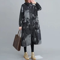 autumn plus size jacket coat women clothing hooded vintage print lady outerwear loose pocket long sleeve zipper cardigan