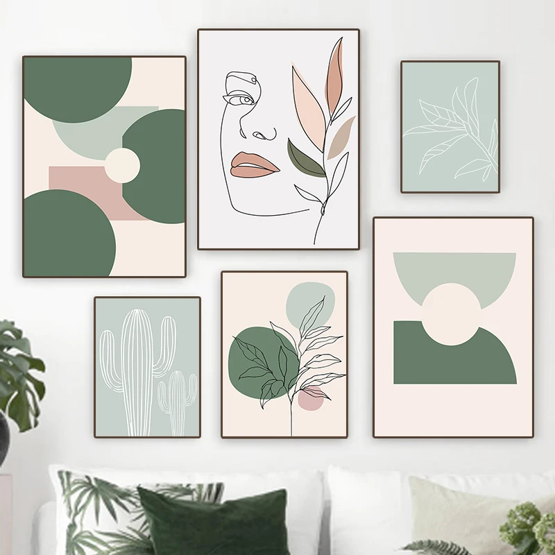 

Woman Face Line Canvas Painting Green Plant Leaf Cactus Poster Print Abstract Character Wall Art Living Room Home Decoration