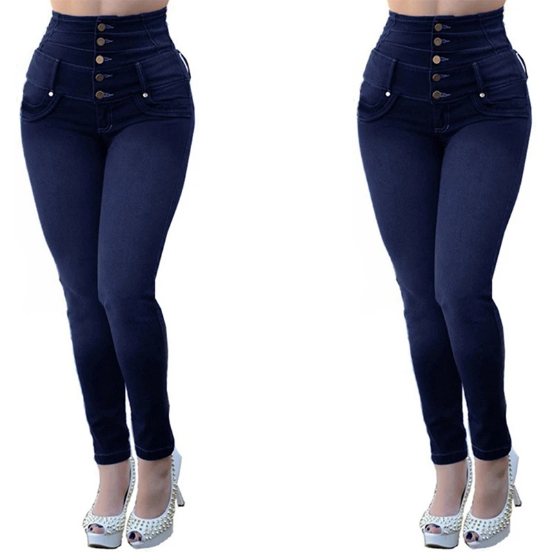 

2X Women's Fashion Denim High Waist Stretch Buttons Slim Fit Feet Long Jeans Blue Black S Size & M Size