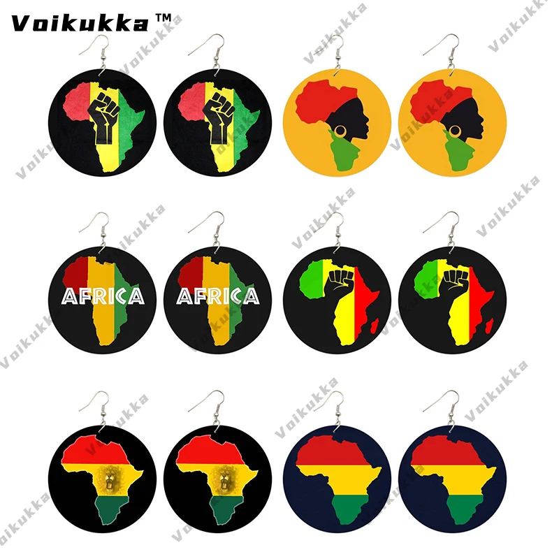 

Voikukka Jewelry Mixed 6 Pairs Sale Africa Map African Colors Pattern Wooden Both Sides Print Drop Women Earrings Accessories