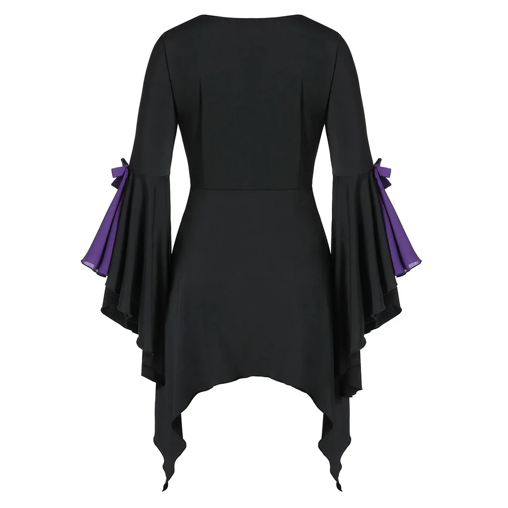 

Kalenmos Gothic Woman Tshirts with Sequins Eyelets Straps Thin Trumpet Sleeves Irregular Hem Medieval Witch Tops for Women