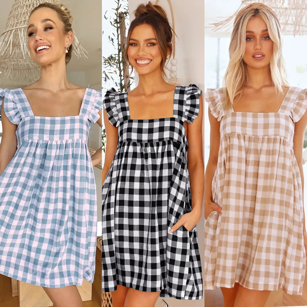

Женское клетчатое мини-платье с открытой спиной, свободное платье с квадратным вырезом, рукавами-оборками и открытой спиной, лето 2021