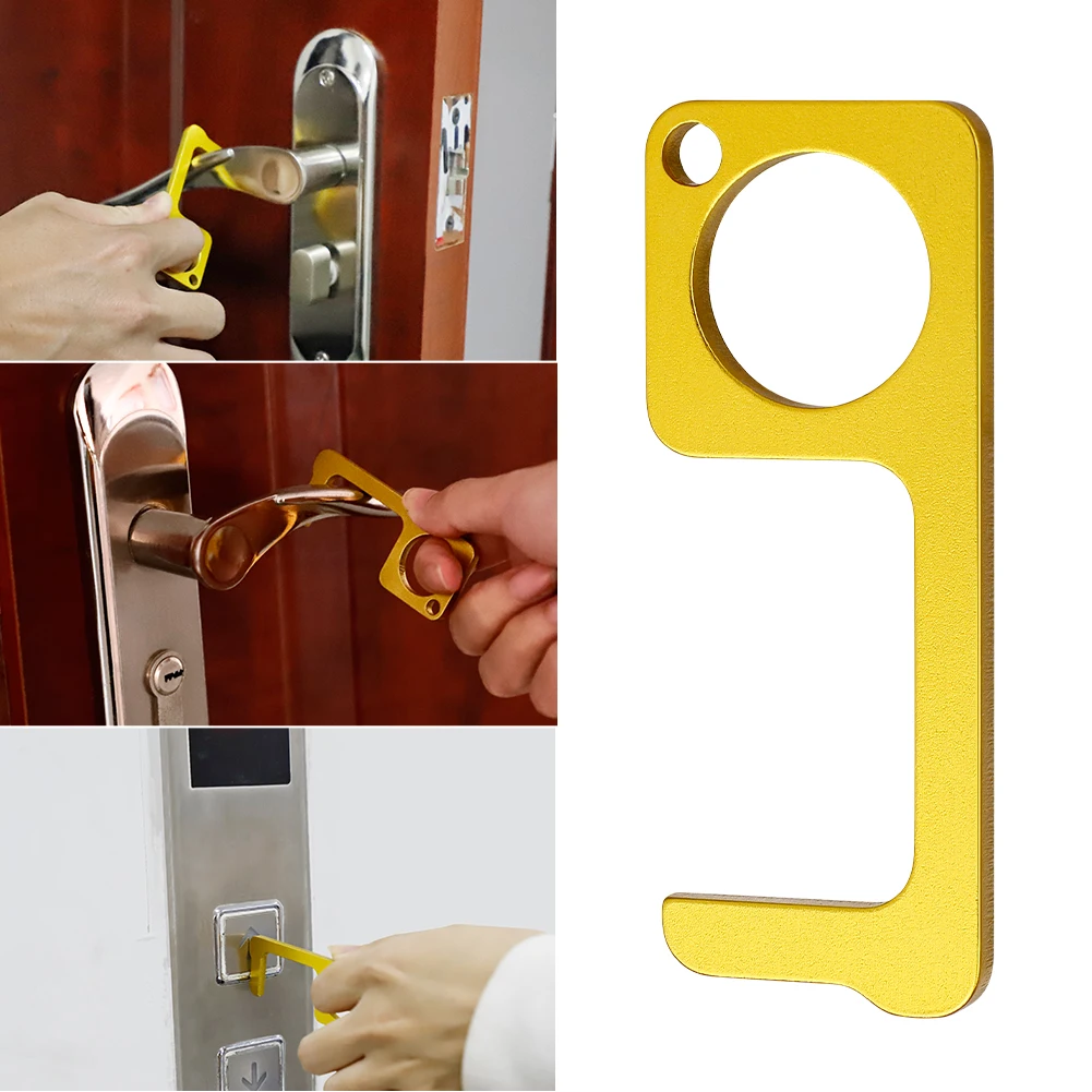 

7.6*3cm Gold Hygiene Hand Antimicrobial Brass Edc Door Opener Portable Press Elevator Tool Door Handle Key For Home Safety