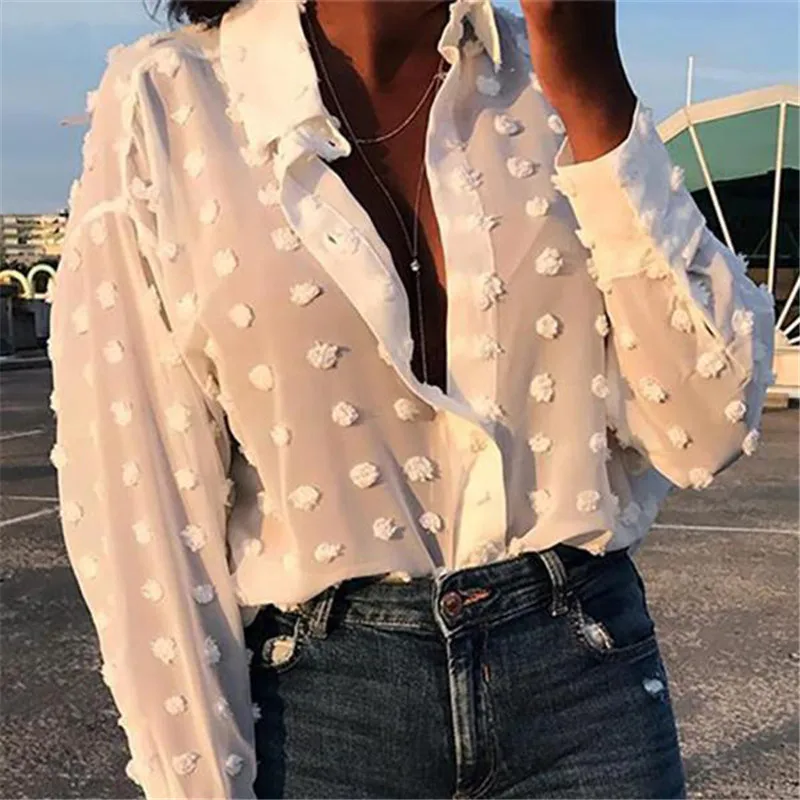 

Womens Tops and Blouses Elegant Long Sleeve Chemise Femme Polka Dot Loose OL Shirt Ladies Chiffon Blouse Dames Blusa Feminina