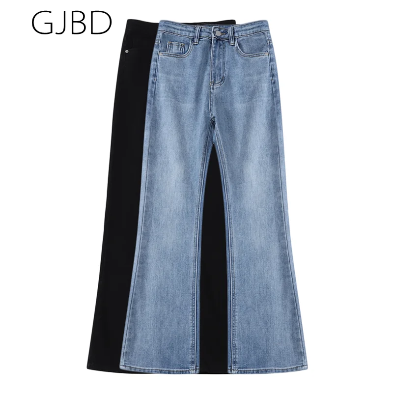 

Эластичные женские джинсы с высокой талией, новинка весны 2021, винтажные универсальные микро брюки-клеш, повседневные Прямые джинсовые брюк...