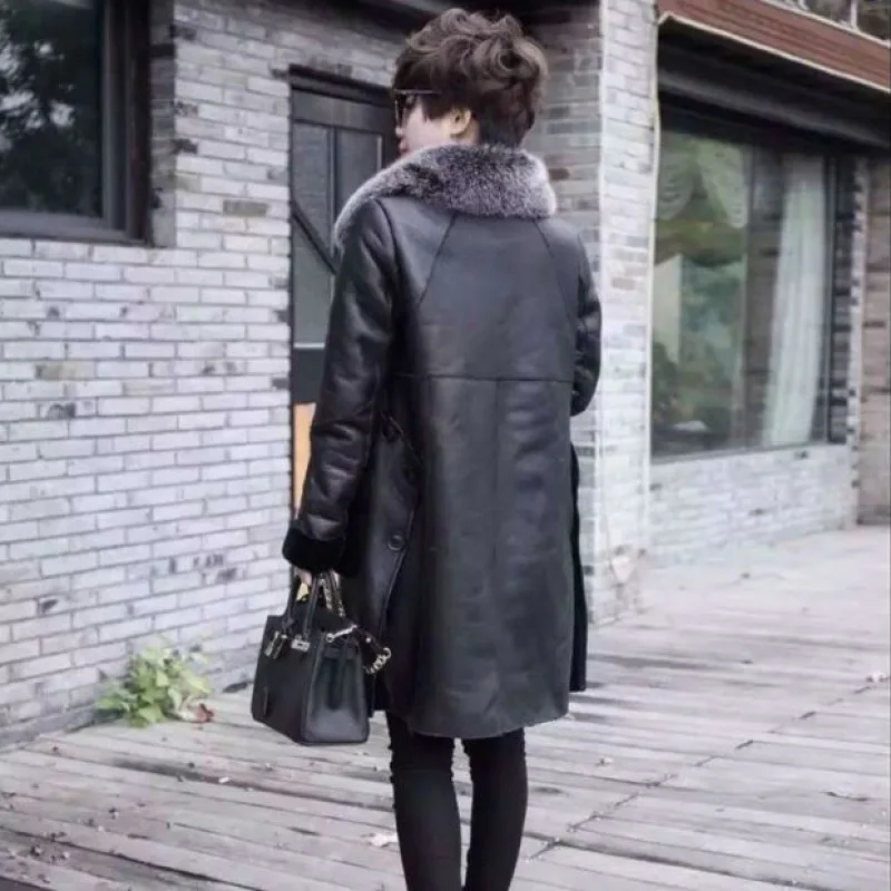 Женская куртка из искусственной кожи зимнее пальто средней длины овечьей с