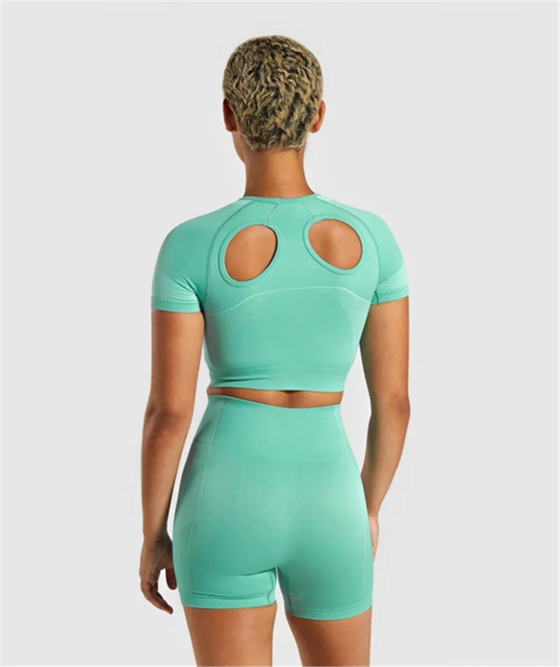 

2 Pcs/Set Women Seamless Yoga Sets Fitness Sports Suits Gym Clothes Breathable Bra Female Running Leggings Workout Set Short+Top