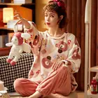 Зимние пижамные комплекты, женская одежда для сна, теплая Фланелевая пижама, домашний костюм, 2 шт., женская одежда с длинным рукавом, пижама, Коралловая бархатная Ночная одежда