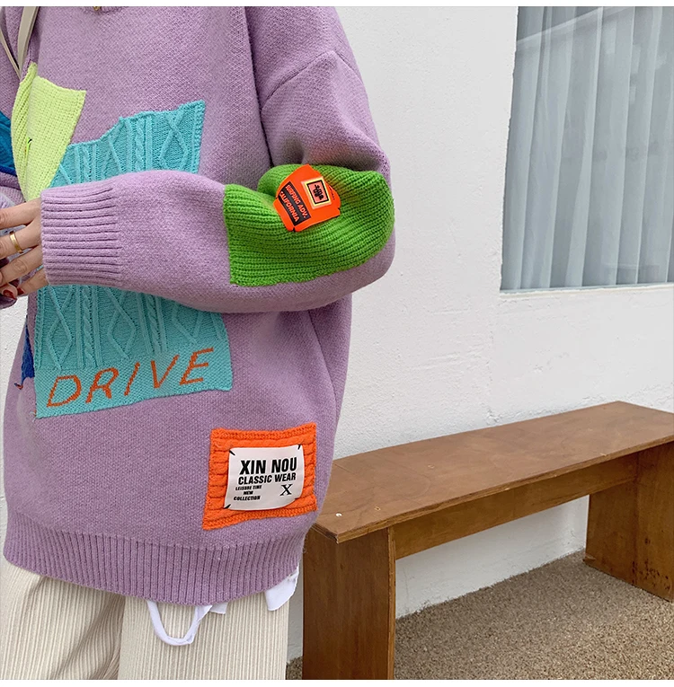 

Spring New Harajukucasual Women Sweater Splicing Stickers Knit Pullover Female Fashionable Oversized Sweaters Mujer