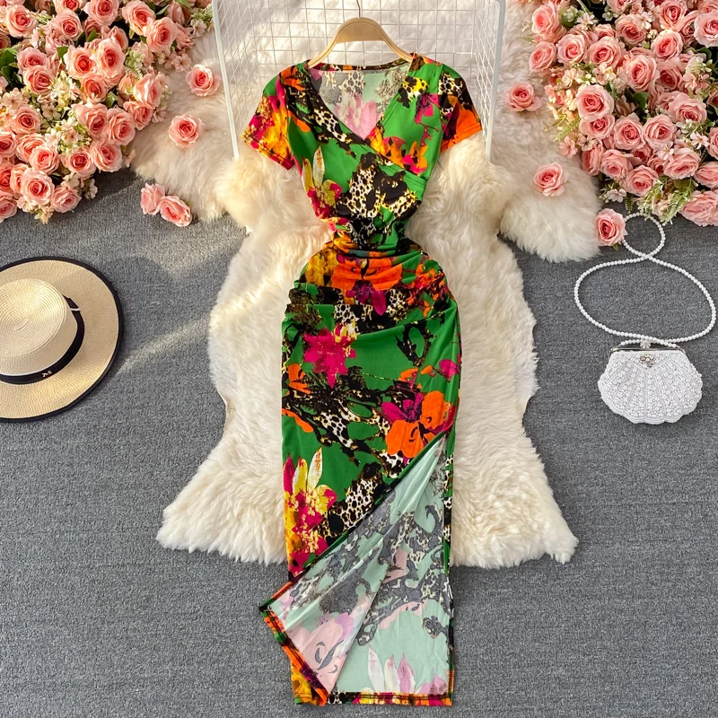 

Женское платье с цветочным принтом, легкое эластичное облегающее платье с V-образным вырезом, коротким рукавом и разрезом, лето