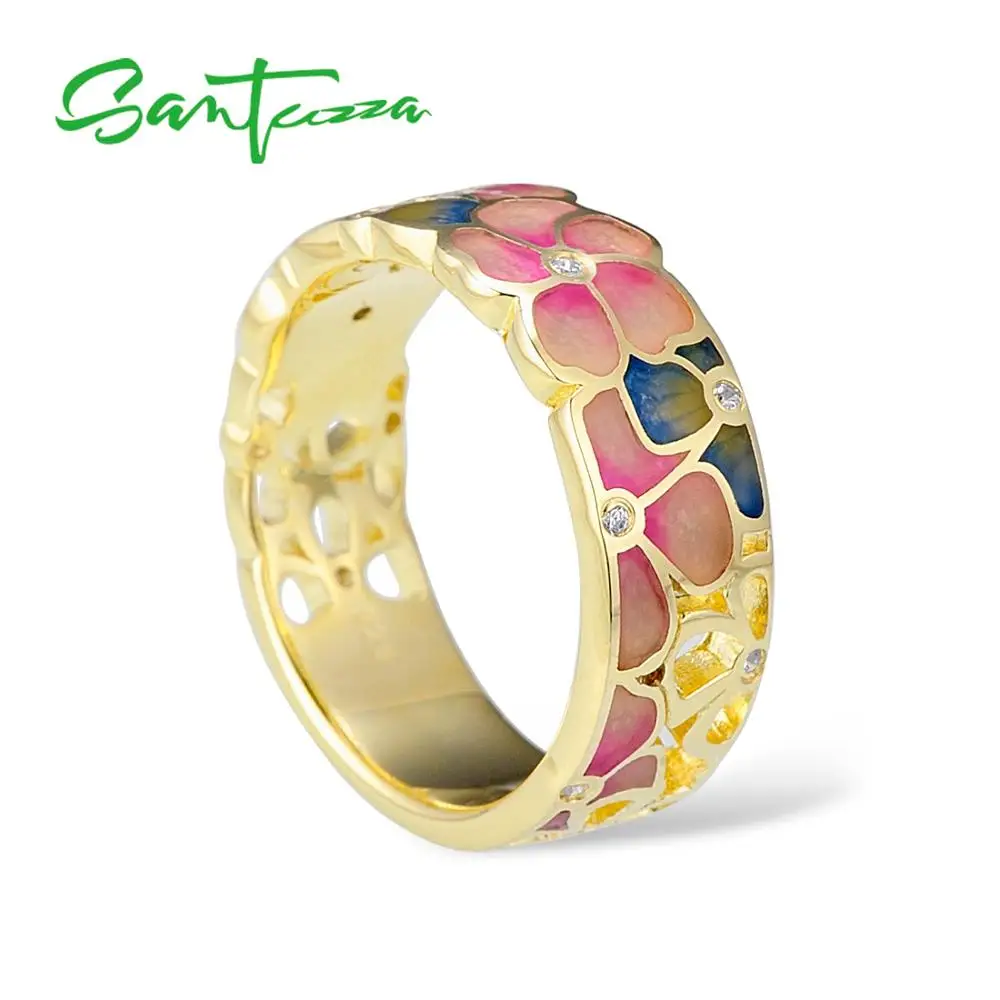 SANTUZZA, серебряное кольцо для женщин, 925 пробы, серебряные, модные кольца для женщин, золотой цвет, кубический цирконий, кольца, вечерние ювелирные изделия, эмаль