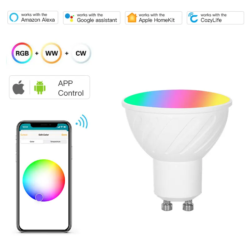 

Homekit Wifi LED Spotlights Smart Dimmable Light Lamp 5W Gu10 RGB+WW+CW 450lm Work With Google Home Alexa Siri Voice Cozylife