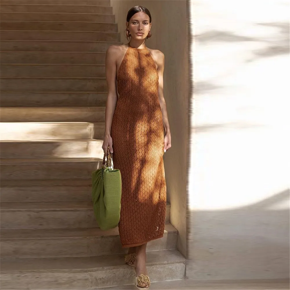 

Summer Neck-Mounted Hollow Out Knit Dress Beach Style Solid Color See-Through Sleeveless Backless High Split Vestidos 2021