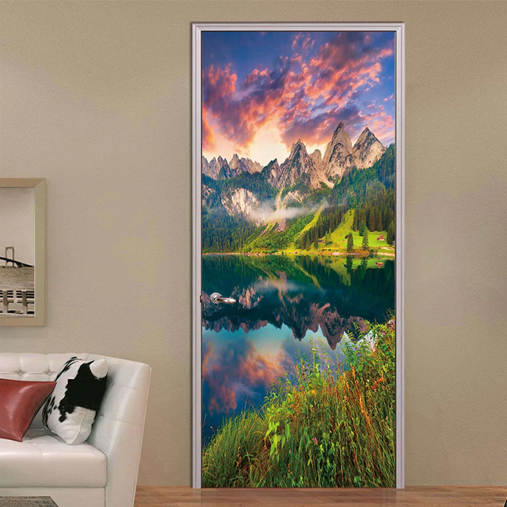 

3D горы, Озеры, цветные облака, природный пейзаж, дверная наклейка, ПВХ самоклеящаяся Настенная Наклейка s, водонепроницаемый постер для комн...